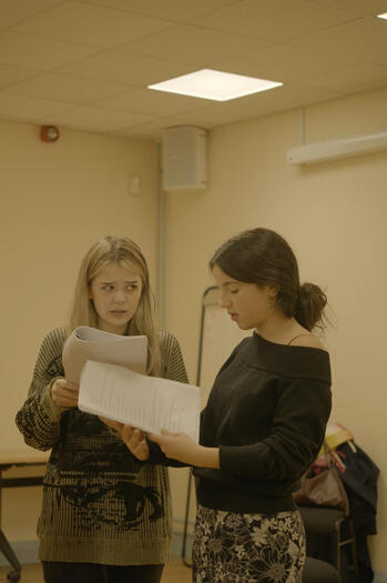 L-R Jasmine Davis (Jodie) and Beth Pitt (Naomi) in PCL Rehearsals (by Charlie Rider)