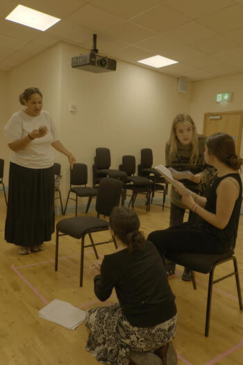 L-R Hannah Diarra (Mei), Beth Pitt (Naomi), Jasmine Davis (Jodie), Carlita Rahaman (Ashley) in PCL Rehearsals (By Charlie Rider)
